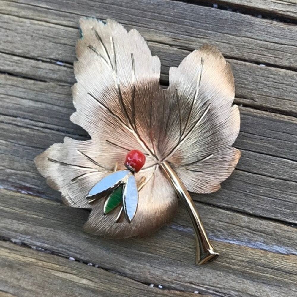 Vintage Krementz Gold Overlay Maple Leaf Brooch, Enameled Coral Head Bug